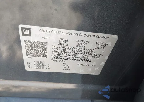 2019 Chevrolet Equinox Lt from USA, damaged, VIN 2GNAXJEV8K6293593